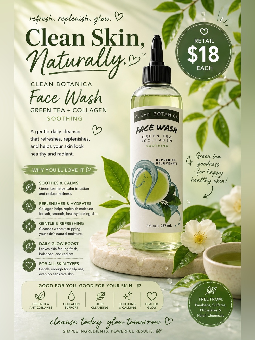 Green Tea + Collagen Face Wash - Soothing Green